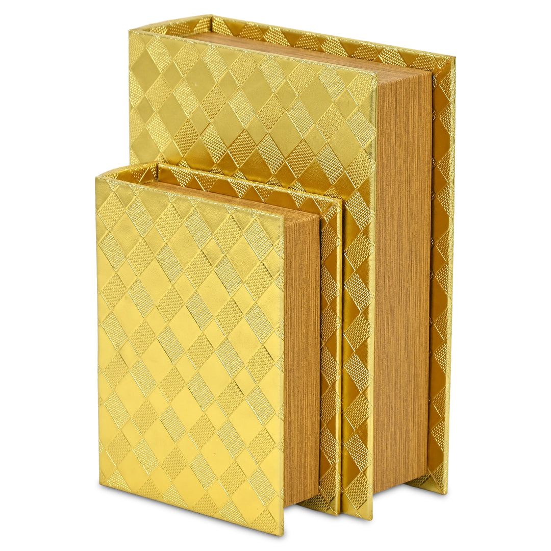 6197-2GD - Zuleika Vinyl Diamond Checkered Pattern Book Boxes - Gold